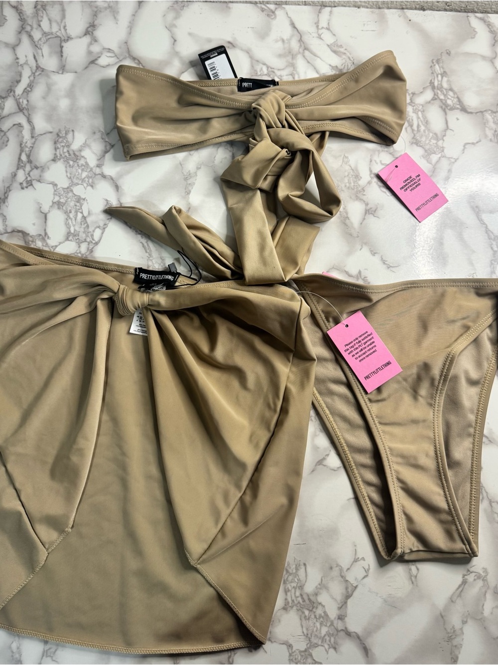 PrettyLittleThing Beige Tie-Front Bikini Set